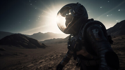 Person in space with sun background. Created using generative AI.