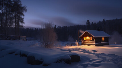 Wooden cabin on the edge of the forest in winter. Created using generative AI.