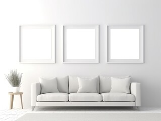 Leeres Bilderrahmen mocku auf weißer Wand. Moderne Wohnzimmergestaltung. modernes Interieurs im skandinavischen Stil mit Sofa. Drei Vorlagen für Kunstwerke, Gemälde, Fotos oder Poster, generative AI
