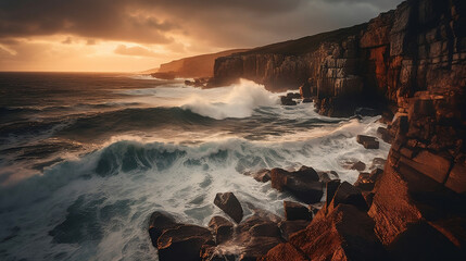 Sunset over the sea with rocks. Created using generative AI.