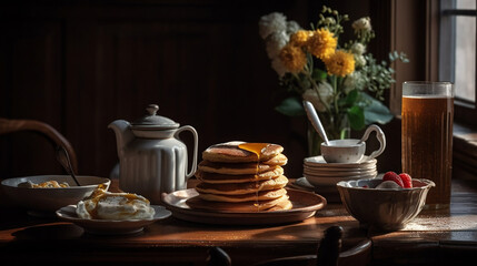 Breakfast on a table. Created using generative AI.