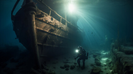 Shipwreck under the sea. Created using generative AI.