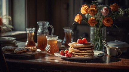 Breakfast on a table. Created using generative AI.