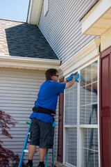 A Caucasian man on a ladder wearing blue latex gloves and listening to ear buds washing a window with a squeegee