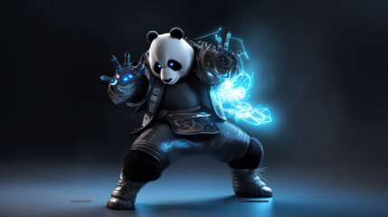 Cyberpunk panda wearing metal armor in fighting pose and neon lights, generative ai