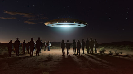 Naklejka premium Humans lined up under a ufo, flying saucer with people under it, generative ai