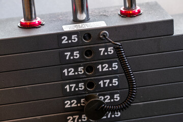 Close up of Weight stack on Cable Machine in Workout Room
