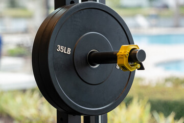 Weight Plates on weight rack in a Workout Room