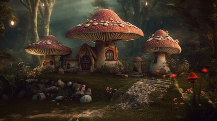 Fototapeta premium Pretty little faires flying around toadstool mushrooms, generative ai