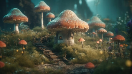 Naklejka na ściany i meble Pretty little faires flying around toadstool mushrooms, generative ai