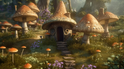 Fototapeta premium Pretty little faires flying around toadstool mushrooms, generative ai