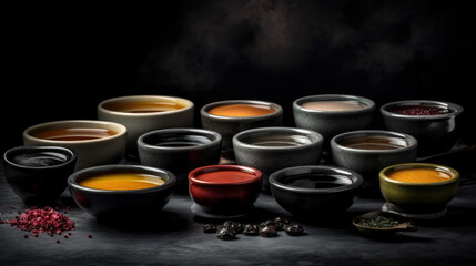 Obraz na płótnie Canvas Small black bowls with different color sauces, generative ai