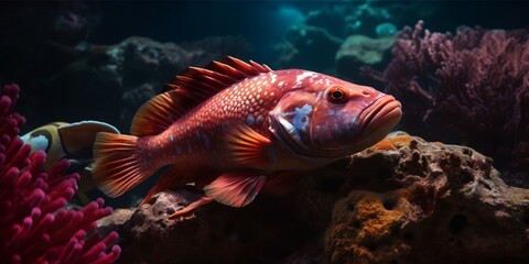 Fototapeta premium Fish. Animals of the underwater marine world. Ecosystem. Multi Colored tropical fish. Life in a coral reef. Underwater panorama with coral reefs and fishes. Generative AI