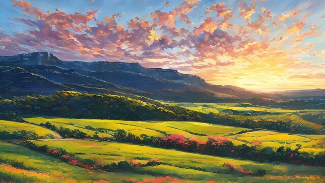  Peaceful Landscape Painting of Blue Mountains and Green Fields with Pink Flowers and a Sunset Sky