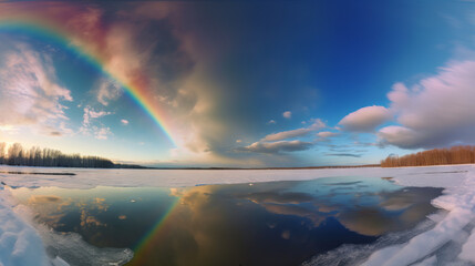 Sky mirror frozen lake with colorful rainbow above, generative ai