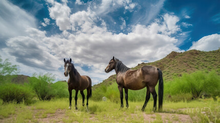 Obraz premium Three wild mustangs on a meadow with sky and clouds above heads, generative ai