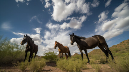 Fototapeta na wymiar Three wild mustangs on a meadow with sky and clouds above heads, generative ai