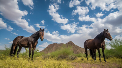 Three wild mustangs on a meadow with sky and clouds above heads, generative ai