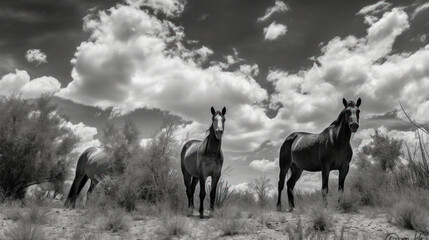 Three wild mustangs on a meadow with sky and clouds above heads, generative ai