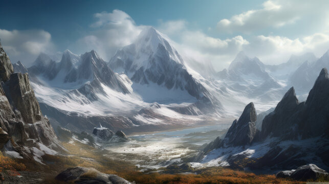 Towering peaks adorned in snow and ice, high mountain summits, generative ai