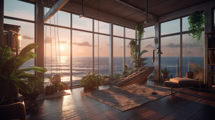 View of den inside a modern home with large glass wall, generative ai