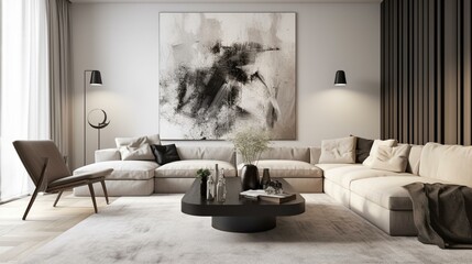 A minimalist living room with a neutral color palette and clean lines, accented with a vibrant piece of art. Generative AI