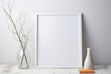 Minimalist Elegance: Blank White Frame, Flowerpot, Vase, Wooden Table, Light Gray, Flat Shading, Framing, Graphic Designer's Dream