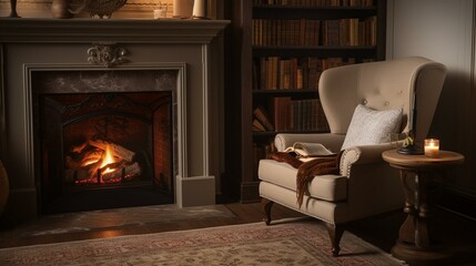 A comfortable reading nook with a plush armchair and a stack of books, nestled in front of a cozy fireplace. Generative AI
