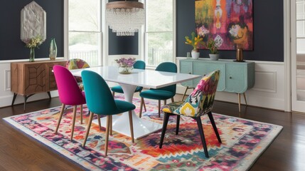 Obraz premium A colorful and eclectic dining room with mismatched chairs and a bold patterned rug, perfect for entertaining. Generative AI