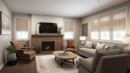 A cozy and inviting family room with comfortable seating and a statement fireplace, perfect for family movie nights. Generative AI