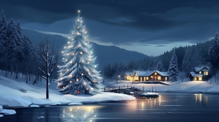 Winter christmas tree on snow with lights and house in background, generative ai
