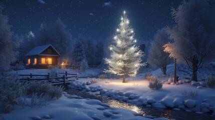 Winter christmas tree on snow with lights and house in background, generative ai