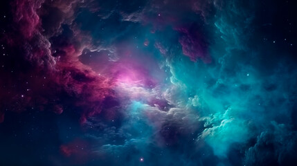 Naklejka na ściany i meble Nebula Galaxy Background With Purple Blue Outer Space. Cosmos Clouds And Beautiful Universe Night Stars. Generative AI