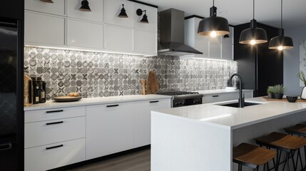 A chic and modern kitchen with sleek white cabinetry and statement lighting, accented with a bold patterned backsplash. Generative AI