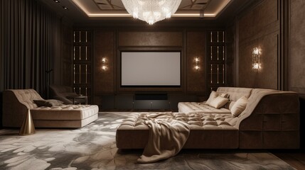 A luxurious and elegant home theater with plush seating and a large screen, perfect for movie nights at home. Generative AI