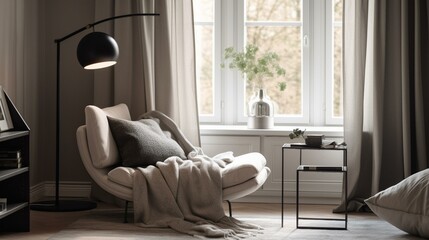 A cozy and inviting reading corner with a plush armchair and a floor lamp, nestled in front of a large window. Generative AI
