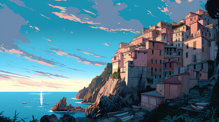 Illustration of the small fishing village of Riomaggiore, Cinque Terre, Italy