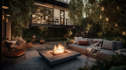 A cozy and inviting outdoor lounge area with comfortable seating and a statement fire pit, perfect for evening gatherings. Generative AI