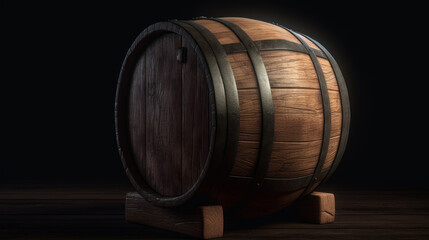 Wooden barrel with soft light and dark background, generative ai
