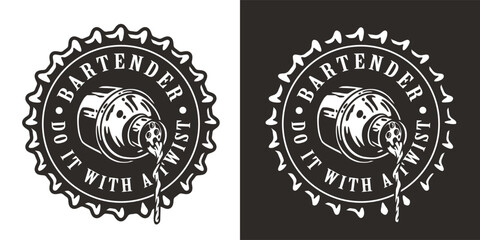 Bartending logo or bartender design with beer cap and cocktail shaker for bar print of barman