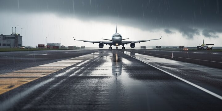 Stormy runway with airplanes being diverted, concept of Flight disruptions and Weather-related disruptions, created with Generative AI technology