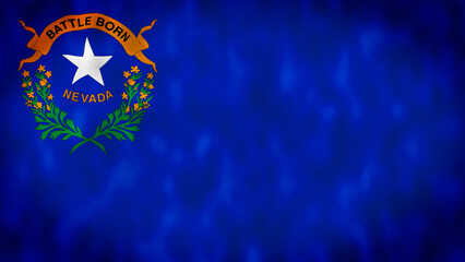 Nevada state flag waving illustration. Blue background, white star, "Battle Born" ribbon, green branches with yellow sagebrush flowers. illustration.Textured fabric background