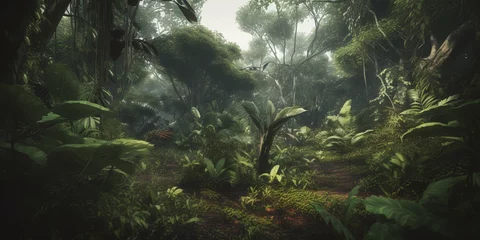 Deurstickers Mysterious impenetrable jungle overgrown with exotic plants. Background. A beautiful path through the impenetrable jungle. Tropical paradise. Generative AI © Ruslan Shevchenko