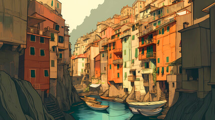 Fototapeta na wymiar Illustration of the small fishing village of Riomaggiore, Cinque Terre, Italy