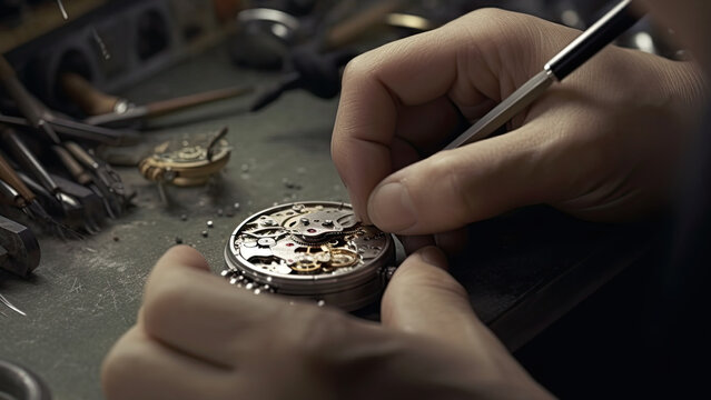 A watchmaker's workshop poster with watch repair and horologist's instruments with mechanical cogs - Generative AI