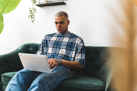 Focused young adult man in checked t-shirt and jeans sits on sofa using laptop. Modern free time indoor activities. Internet concept. High quality photo