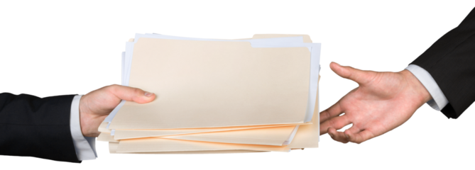 Closeup of Businesspeople Handing File Folders