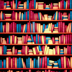 
Background with wooden shelves full of books, vintage style, blue, red and white books. Background for study work. Generative AI.