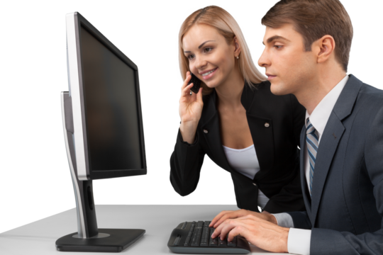 Portrait of Business People Working with Computer and Talking on Smartphone - Powered by Adobe