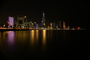 illuminated Beautiful Doha Skyline after sunset